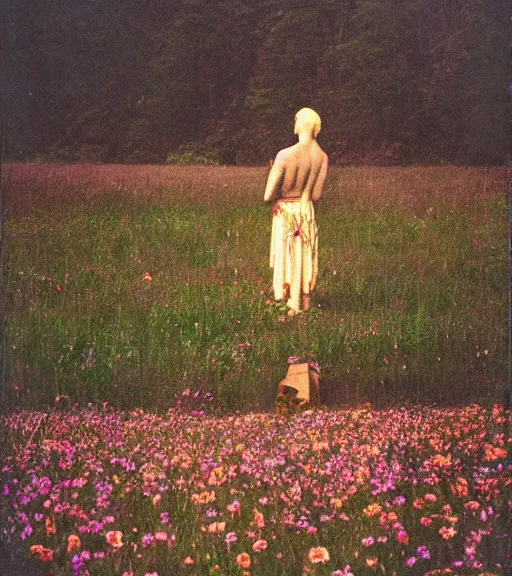 Image similar to mystical death god standing in tall meadow of flowers, distant, film photo, grainy, high detail, high resolution