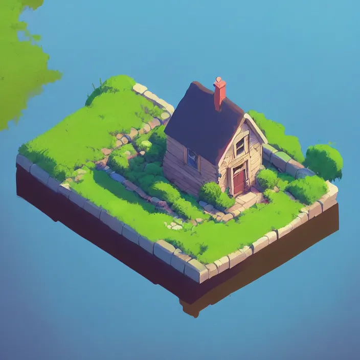 Image similar to isometric view of a lovely cottage standing in the middle of a lake, plain background, cory loftis, james gilleard, atey ghailan, makoto shinkai, goro fujita, studio ghibli, exquisite lighting, clear focus, very coherent, soft painting