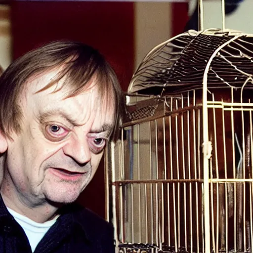 Image similar to mark e smith locked in a small bird cage on the shelf of a pet store