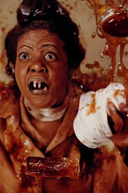 Image similar to aunt jemima covered in maple syrup horror movie cinematic