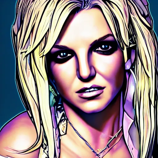 Image similar to britney spears portrait, borderlands, tales from the borderlands, the wolf among us, comic, cinematic lighting, studio quality, 8 k