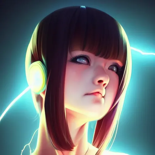 Image similar to cute girl electrocuted, sparks, lightning, occlusion shadow, specular reflection, rim light, unreal engine, range murata, artstation, pinterest, art by hiroaki samura and ilya kuvshinov and rossdraws, intricate, highly detailed 8 k, art deco illustration, realistic, extremely beautiful shape of face, neck, shoulders eyes