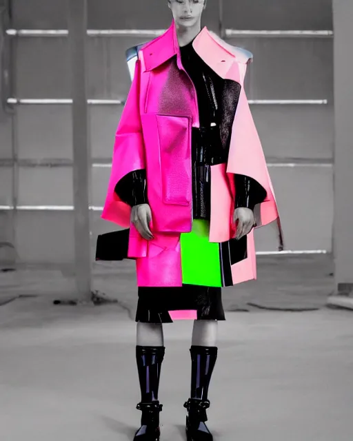 Prompt: a fashion photograph for Balenciaga's cyberpunk Bladerunner 2049 fashion line, dazzle camouflage, dayglo pink, dayglo blue, pearlescent white, raven black