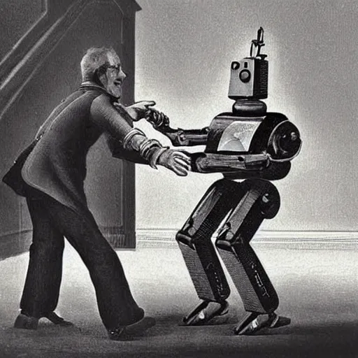 Prompt: robot attacking an old man , old photograph , 1824 , 4k , HD , realistic