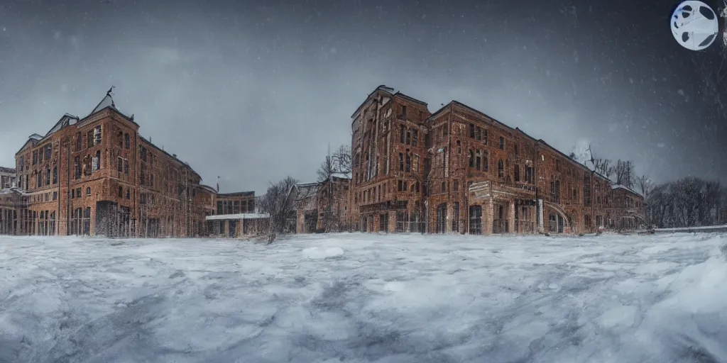 Image similar to huge building, trending on artstation, 4 k, tyndall effect, snow day ， cinematic ， ultra wide angle