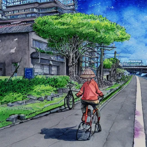 Image similar to a pig riding a bicycle on the road by the seaport,detailed watercolor pen ink illustration by Hayao Miyazaki, key visual official media