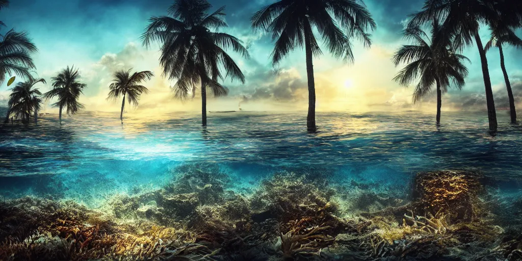 Prompt: under water sunken city with beach with palmtrees seaweed air bubbles, golden hour, caustics, shallow depth of field, moody lighting, 8 k, concept art,