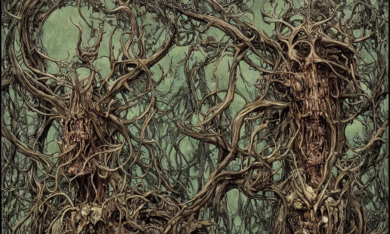 Image similar to hyperdetailed art nouveau portrait of treebeard as a cthulhu eyeball skull wendigo cryptid, by geof darrow, simon bisley and bill sienkiewicz, grim yet sparkling atmosphere, photorealism, claws, skeleton, antlers, fangs, forest, wild, crazy, horror, lynn varley, lovern kindzierski, steve oliff