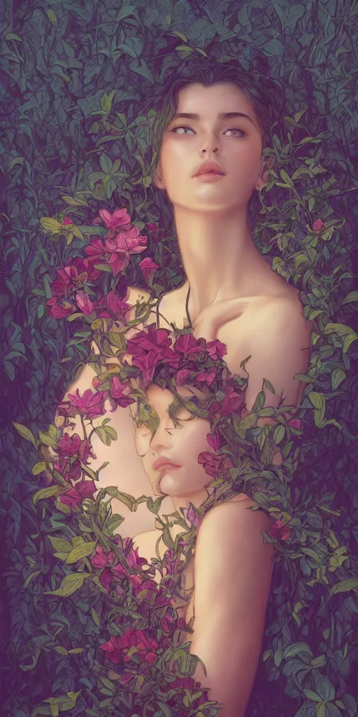 Image similar to surreal beautiful young woman, sitting with flowers, detailed gorgeous face turning into a tree, leaves, dark, ominous, sad eyes, vaporwave aesthetic, synthwave , digital painting, artstation, concept art, smooth, sharp focus, illustration, art by artgerm and greg rutkowski and alphonse mucha