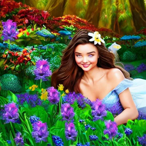 Prompt: a disney cartoon illustration of miranda kerr as sleeping beauty, dynamic lighting, 4 k hdr, hyper realistic, pretty face, in a forest flower garden, smiling