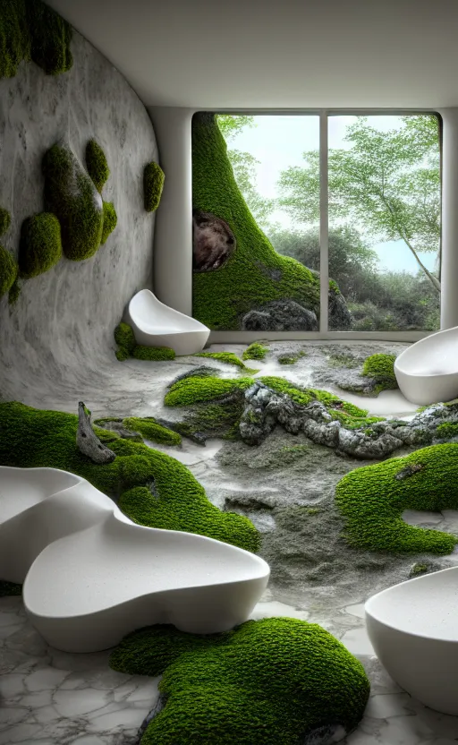 Prompt: highly detailed villa natural beautiful light interior soft cinematic cellular composition of a smooth ceramic porcelain biomorphic magnolia stone nebula fluid sci - fi surreal architecture landscape, furniture, granite, trees, marble, moss, lichen, fungi, vincent callebaut composition, mamou - mani, archviz, 8 k, unreal engine, hdr