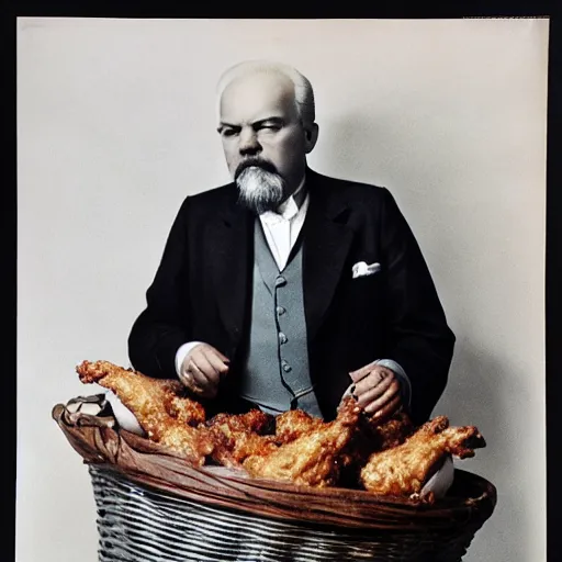 Image similar to Lenin as colonel Sanders on a basket full of chicken wings, labeled USSR, studio photo, by Stephen Meisel, octane renderer, behance