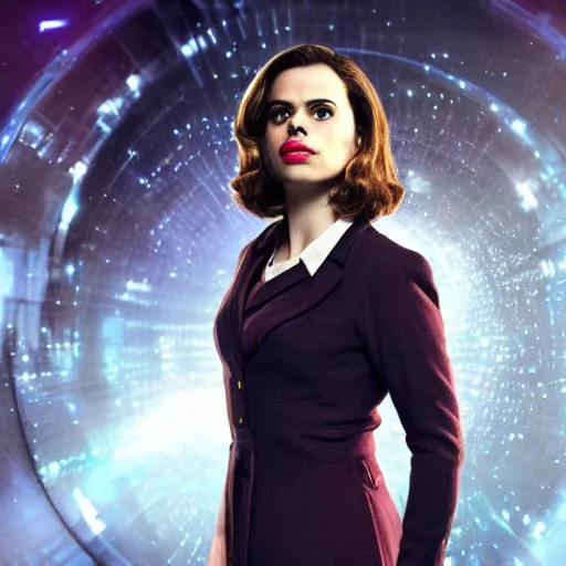 Image similar to a beautiful full body photograph of hayley atwell dressed as doctor who, time vortex in the background, detailed face, symmetrical face, extreme realism and detail, 8 k, completely framed, direct lighting, 3 5 mm photo, photorealistic, sharp focus