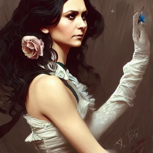 Image similar to Nina Dobrev dressed in a victorian fashion, D&D, fantasy, intricate, elegant, highly detailed, digital painting, artstation, concept art, matte, sharp focus, illustration, art by Artgerm and Greg Rutkowski and Alphonse Mucha