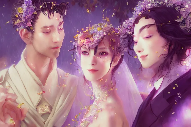 Image similar to a cinematic portrait of wedding photograph jpeg close up moment of a divine a japan sun god and moon goddess lovers magician at a wedding banquet. portraiture. digital painting. artstation. concept art. fantasy wedding photo. digital painting, 8 k realistic, hyper detailed, violet evergarden art masterpiece by art by krenz cushart