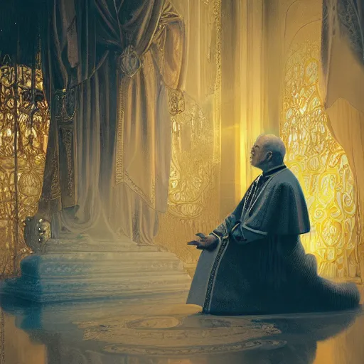 Image similar to kneeling before the pope, royal robe, gold trim, light effect, hyper detailed, intricate, atmospheric, elegant, photorealistic by paul lehr, marco mazzoni, featured on cgsociety, rococo, whimsical, artstation