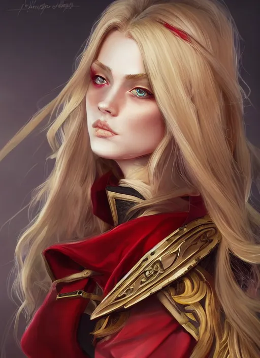 Image similar to a highly detailed illustration of beautiful long dirty blonde haired pale girl wearing red epaulette uniform, red eyes, dramatic seductive pose, curvaceous, intricate, elegant, highly detailed, centered, digital painting, artstation, concept art, smooth, sharp focus, league of legends concept art, WLOP