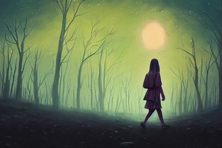 Image similar to giant daisy flower head, girl walking in a moonlit forest, hills, surreal photography, dark night, star trails, dramatic light, impressionist painting, clouds, digital painting, artstation, simon stalenhag