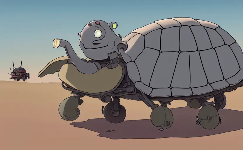 Image similar to a study of cell shaded cartoon of a grey mechanized turtle from howl's moving castle ( 2 0 0 4 ) on a desert road, full body, wide shot, muted colors, post grunge, studio ghibli, laurie greasley, highly detailed, deviantart, art by artgem