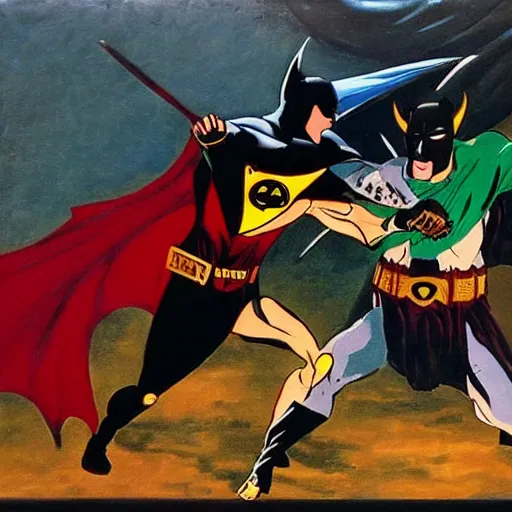 Prompt: a biblical duel between Batman and Satan, oil painting, 8k, Frank Miller