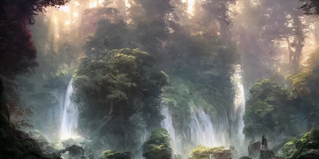 Image similar to a forest waterfall and cave at sunset, fantasy, magical lighting, Greg Rutkowski and Studio Ghibli and Ivan Shishkin