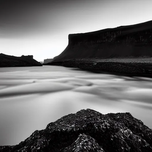 Prompt: minimalist black and white photograph of an icelandic valley, time exposure, of a river, sharp tall pillars, sharp rocks,