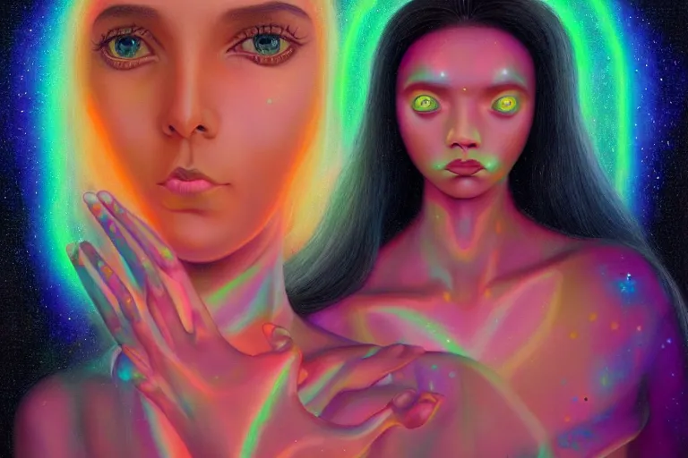 Image similar to patron saint of 🛸🌈👩🏾, futuristic iridescent clothing, wormhole, nebula, black hole, multiverse, neon god of city character portrait, in the style of margaret keane, moebius, tom bagshaw, and waterhouse, cinematic lighting, beautiful, elegant, oil painting,