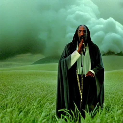 Prompt: snoop dogg as gandalf the white, exhaling a huge cloud of magical purple smoke in the vast and lush green fields! of the shire, Japanese CGI, VFX, 2003, 40mm lens, shallow depth of field, film photography, volumetric lighting