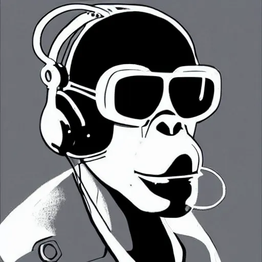 Prompt: cyberpunk portrait of a cool chimp wearing headphones and sunglasses, mike mignola