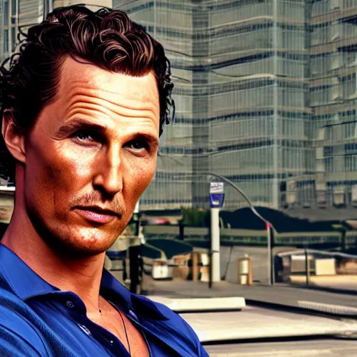 Image similar to matthew mcconaughey as a GTA style character on a loading screen, 4k, high detail, high-resolution photograph, professional photography, ultra-detail