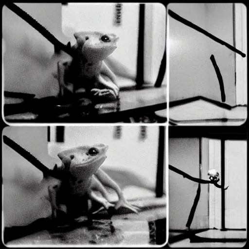 Prompt: “Horrific scrawny cryptid mutant reptilian axolotl escaping from a lab, leaked cctv footage, black and white, night.”