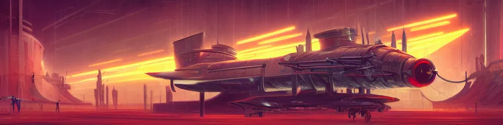 Image similar to concept art, retro - futurist steampunk pilot, airship hangar, imperious, octane render, artstation, dramatic neon lighting, glowing imperial motifs, eerie, mysterious, red turquoise accents, bladerunner, by gerald brom, james jean, syd mead, akihiko yoshida, cinematic