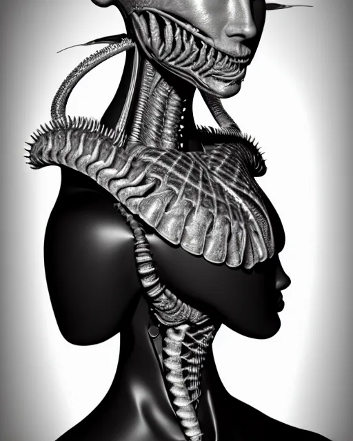 Image similar to a black and white 3D render of a young beautiful female queen-dragon-cyborg bust with a very long neck and Mandelbrot fractal face, flesh, anatomical, facial muscles, veins, arteries, elegant, highly detailed, flesh highly ornate, cable wires, elegant, high fashion, rim light, octane render, in the style of H.R. Giger, Realistic, Refined, Digital Art, Highly Detailed, Cinematic Lighting, rim light, black and white, photo-realistic, 8K