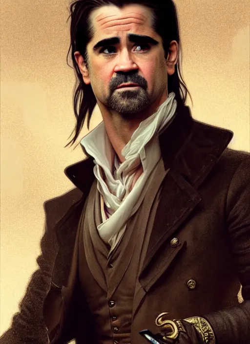 Image similar to colin farrell as a aristocrat wearing shelby boots, detailed face, d & d, wet, shiny, fantasy, intricate, elegant, hyper detailed, ultra definition, photoreal, artstation, unreal engine rendered, concept art, smooth, sharp focus, illustration, art by artgerm and greg rutkowski and alphonse mucha and garis edelweiss