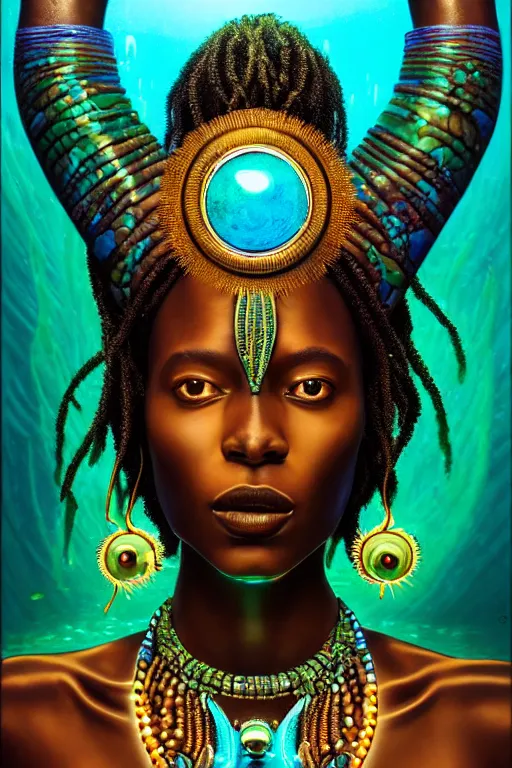 Image similar to hyperrealistic precisionist cinematic very expressive! bioluminescent african goddess, full body, underwater scene with fish and algae, gold jewerly, highly detailed face, digital art masterpiece, eric zener cam de leon, dramatic pearlescent turquoise light on one side, long shot, low angle uhd 8 k, sharp focus