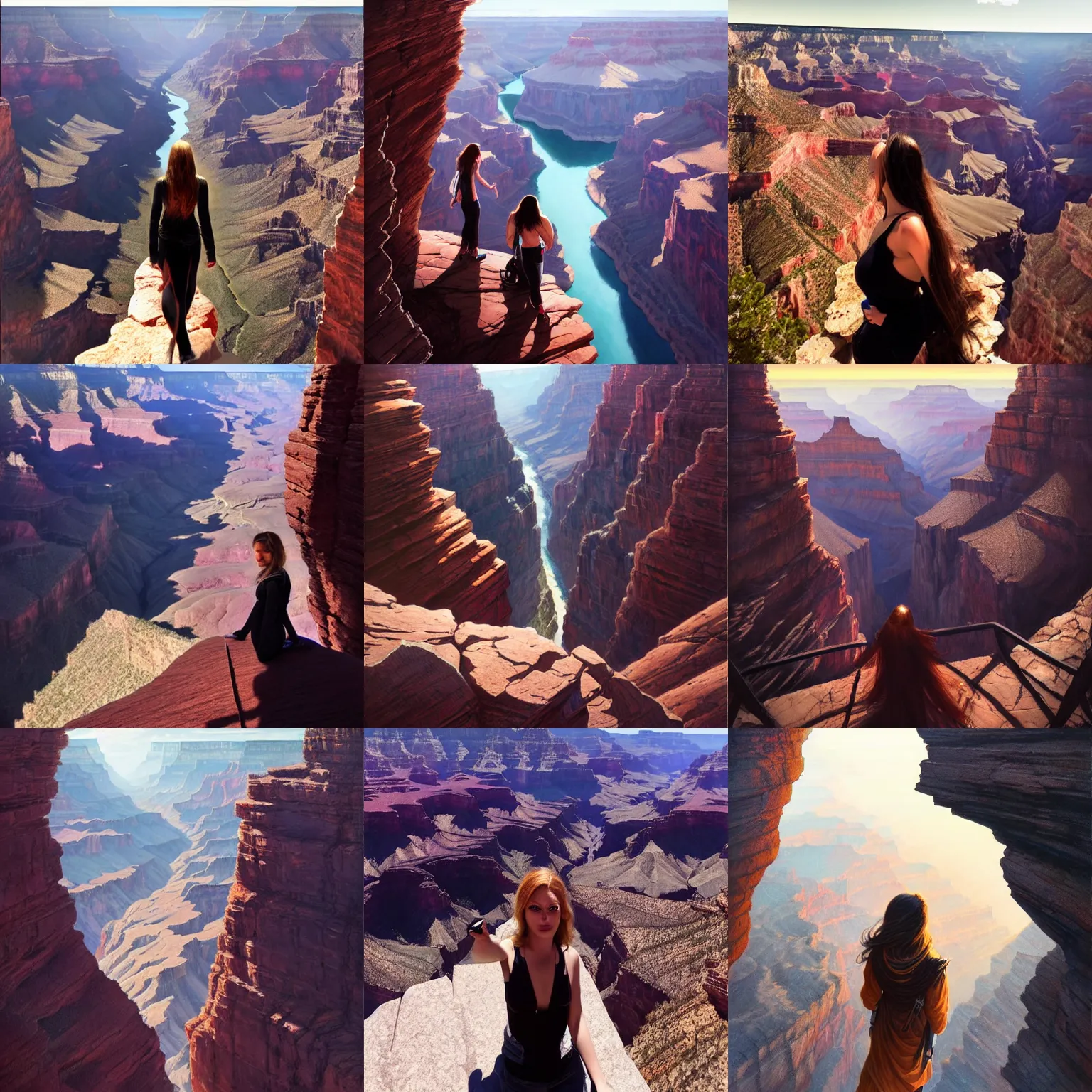Prompt: high angle selfie of a beautiful woman taken at the rim of the grand canyon, background view looking down in into dark chasm of khazaddum, art by greg rutkowski, art by randy vargas, art by artgerm, art by alex garner, intricately detailed, highly detailed, trending on artstation h 8 3 2