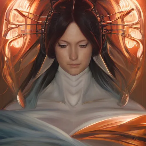 Image similar to Orihime Inoues Powered Up Final Form, detailed, centered, digital painting, artstation, concept art, donato giancola, Joseph Christian Leyendecker, WLOP, Boris Vallejo, Breathtaking, 8k resolution, extremely detailed, beautiful, establishing shot, artistic, hyperrealistic, beautiful face, octane render, cinematic lighting, dramatic lighting, masterpiece