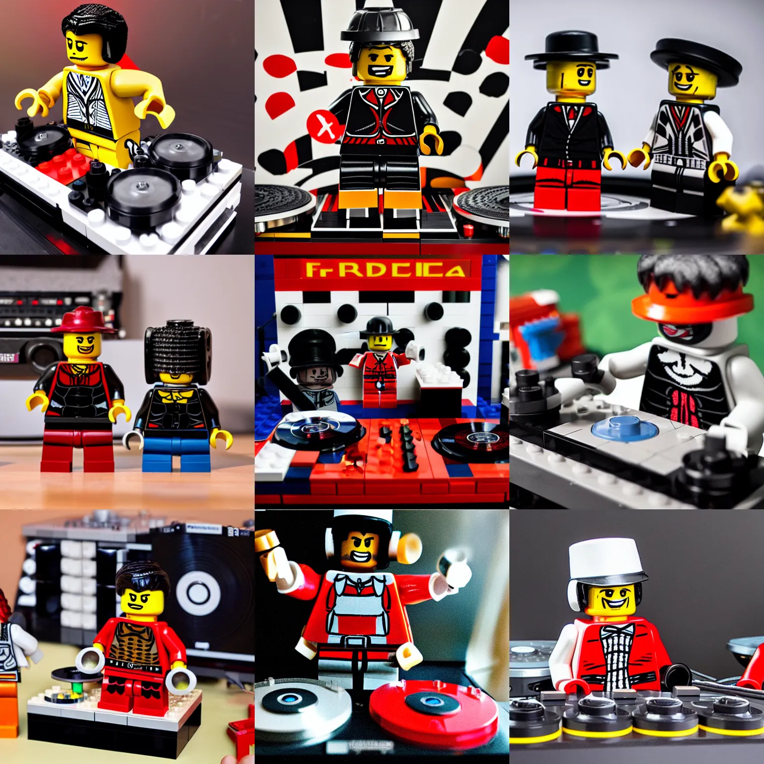 Prompt: Lego Freddie Kruger DJing with realistic DJ turntables