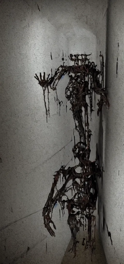 Prompt: a scary humanoid figure made out of machinery in a dark hallway, 4K, realistic, horror, body horror, disturbing