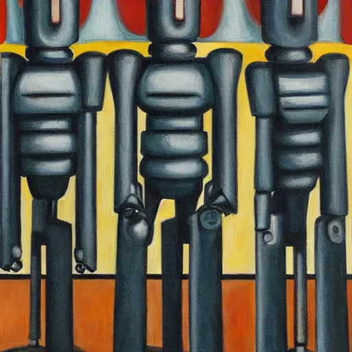 Image similar to line of robots guarding a brutalist castle, evil visages, dystopian, pj crook, edward hopper, oil on canvas