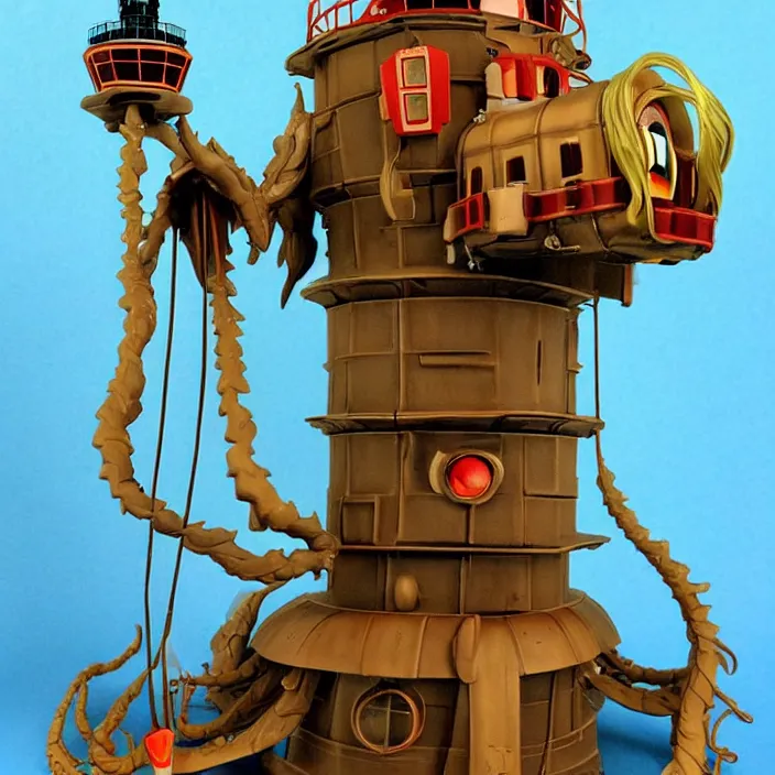 Prompt: A Lovecraftian scary giant mechanized adorable Mule from Studio Ghibli Howl's giant lighthouse tower (2004) as a 1980's Kenner style action figure, 5 points of articulation, full body, 4k, highly detailed. award winning sci-fi. look at all that detail!