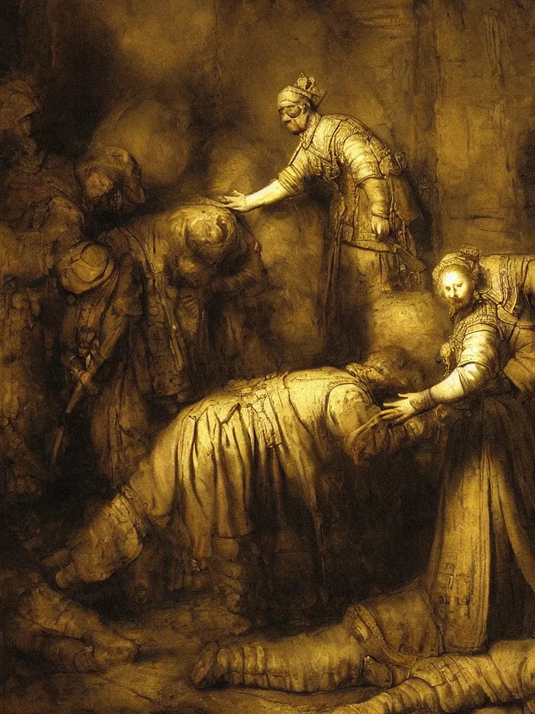 Prompt: the soldier bowed the queen down to the ground and laid his hand on top of her head, by rembrandt, cinematic, intimate, epic, dimly lit, private moment