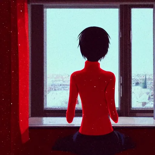 Prompt: a beautiful girl with dark hair, wearing a red turtleneck sweater, sitting in an apartment alone, looking out window at the city, night time, intricate, highly detailed, artstation, official media, anime key visual, mood lighting, sharp focus, art by Makoto Shinkai, Ilya Kuvshinov, Lois Van Baarle, and Rossdraws