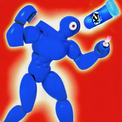 Prompt: Pepsiman is throwing cans of pepsi at elderly woman. digital art