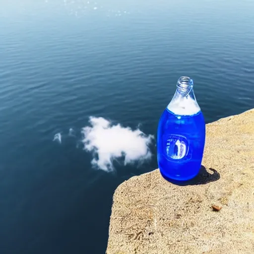 Prompt: bottle of mineral water balancing on its edge on the water surface in the center of the frame, a blue sky with clouds from above, minimalistic and beautiful