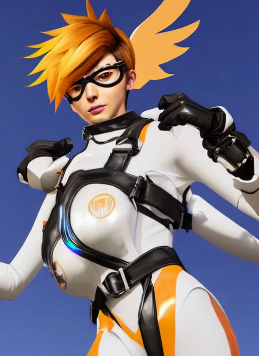Prompt: portrait bust digital artwork of tracer overwatch, wearing white iridescent rainbow latex and leather straps catsuit outfit, 4 k, expressive happy smug expression, makeup, in style of mark arian, angel wings, wearing detailed black leather collar collar collar collar, chains, black leather harness, detailed face and eyes,
