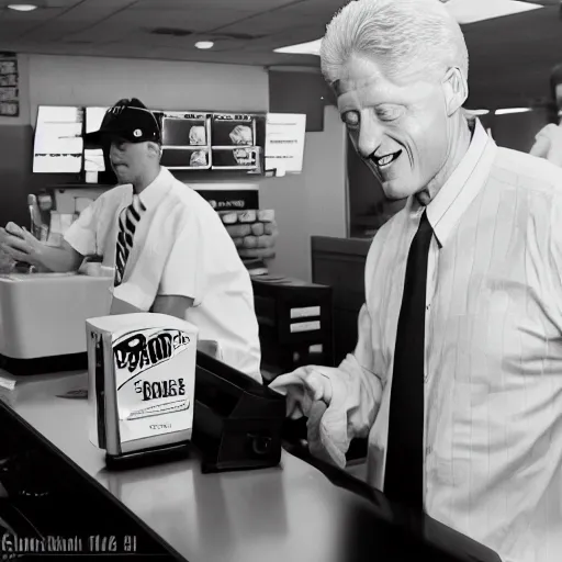 Prompt: b & w shot of taco bell with bill clinton as cashier ( 1 9 9 4 ) ( eos 5 ds r, iso 1 0 0, f / 8, 1 / 1 2 5, 8 4 mm, postprocessed, crisp face, facial features )