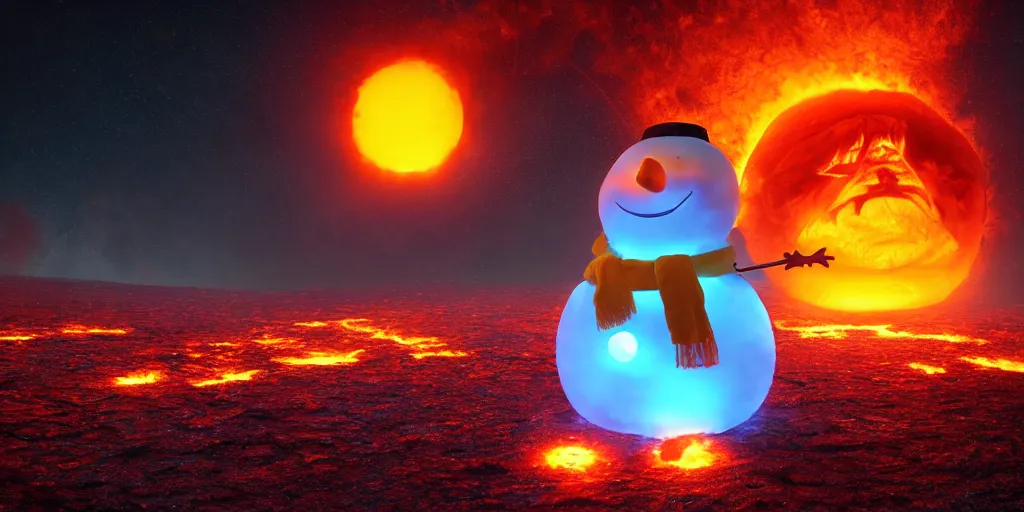 Image similar to a melted glowing snowman melting on top of the sun. the ground is made of fire and lava and is glowing orange. cinematic, dramatic, epic, volumetric lighting, atmospheric, red, orange extremely coherent, masterpiece, highly detailed, trending on artstation, 8 k, space, warm, solar flare, blade runner 2 0 4 9