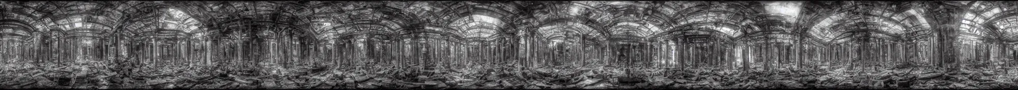 Image similar to photo of an immersive forgotten panopticon well full of eyes, with columns and destroyed cybernetics from an ancient civilization, photorealistic, higly detailed dark, 3 6 0 picture, panorama, 3 5 mm slide, trending on flickr, in the style of francesca woodman, zachary corzine, zhelong xu, greg rutkowski and anders zorn