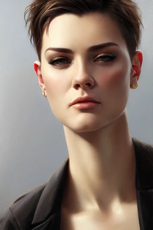 Image similar to photorealistic portrait of a young butch professional woman, handsome, female, masculine, upper body, fantasy, fierce, sharp features, intricate, elegant, highly detailed, digital painting, artstation, concept art, matte, sharp focus, illustration, art by artgerm and greg rutkowski and alphonse mucha